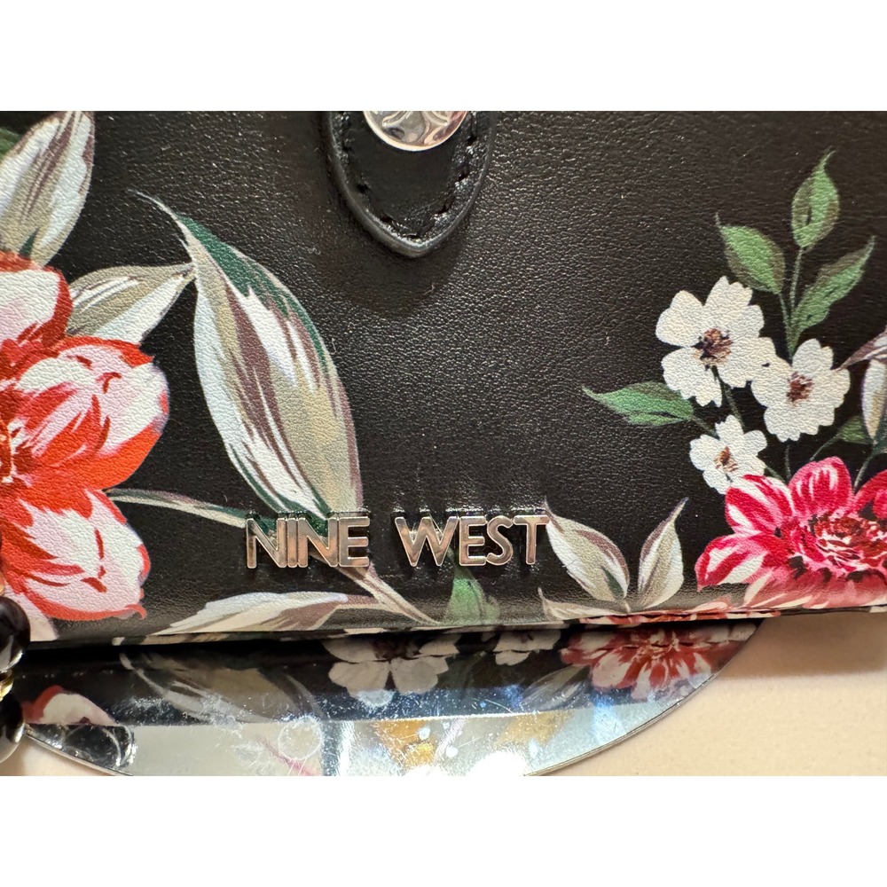 Nine West Floral Wristlet Wallet Black Faux Leather Beaded Strap - Picture 2 of 5